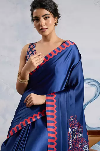 Blue modal satin ajrakh print saree