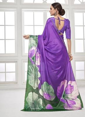 purple  printed saree with blouse or saraowski border 5