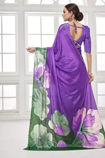 purple  printed saree with blouse or saraowski border