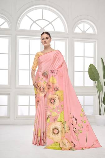 baby pink  premium printed saree with blouse or saraowski border