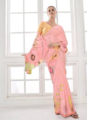 baby pink  printed saree with blouse or saraowski border 2