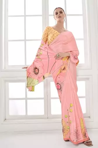 baby pink  printed saree with blouse or saraowski border