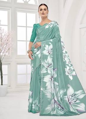 turqoise light blue  printed saree with blouse or saraowski border 1