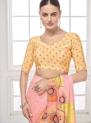 baby pink  printed saree with blouse or saraowski border 3