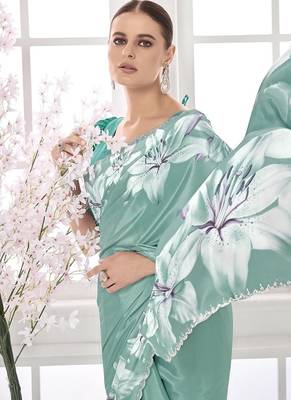 turqoise light blue  printed saree with blouse or saraowski border 2