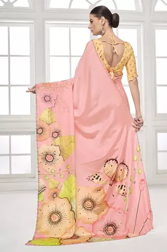 baby pink  printed saree with blouse or saraowski border