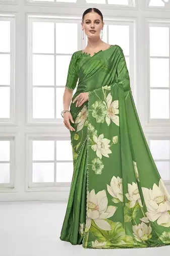 green  premium printed saree with blouse or saraowski border