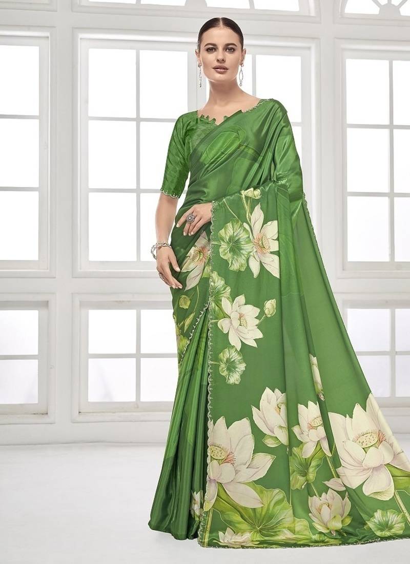 green  premium printed saree with blouse or saraowski border