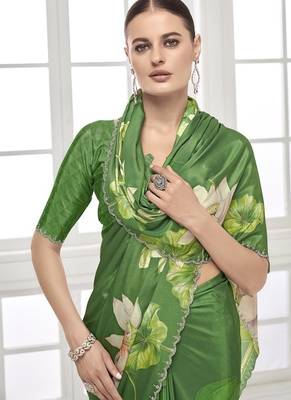 green  printed saree with blouse or saraowski border 2