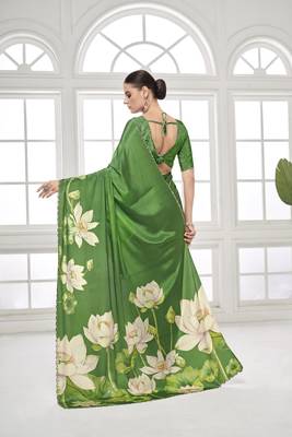 green  printed saree with blouse or saraowski border 3