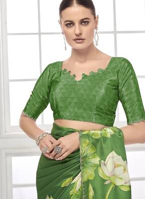 green  printed saree with blouse or saraowski border 4