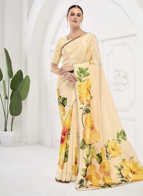 Yellow  printed saree with blouse or saraowski border 1