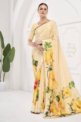 Yellow  premium printed saree with blouse or saraowski border