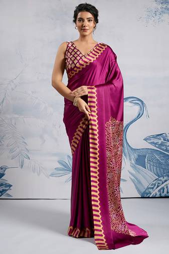 Magenta modal satin ajrakh print saree