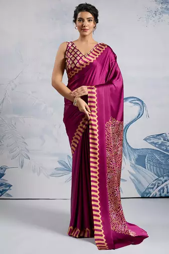 Magenta modal satin ajrakh print saree