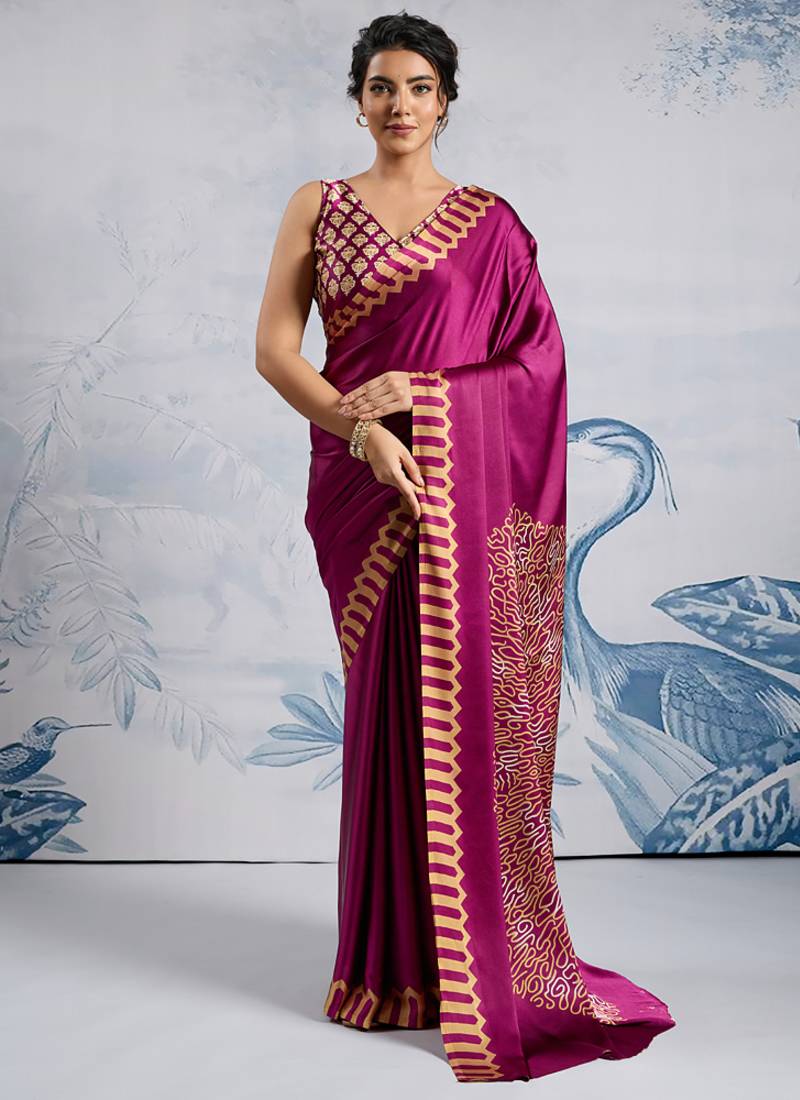 Magenta modal satin ajrakh print saree