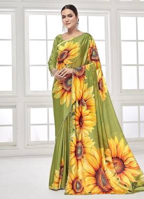 mehndi green  printed saree with blouse or saraowski border 1