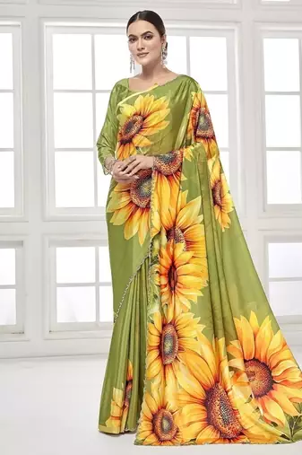 mehndi green  premium printed saree with blouse or saraowski border
