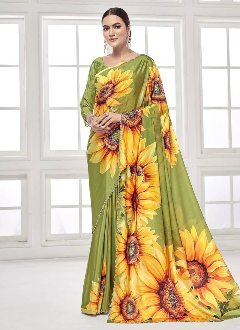 mehndi green  premium printed saree with blouse or saraowski border
