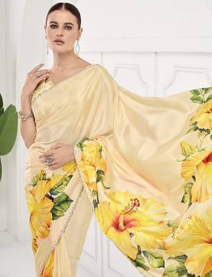 Yellow  printed saree with blouse or saraowski border 2