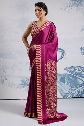 Magenta modal satin ajrakh print saree