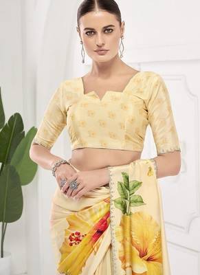 Yellow  printed saree with blouse or saraowski border 3