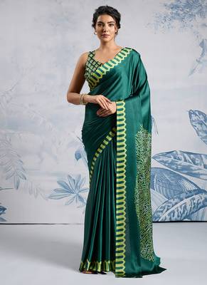 Green modal satin ajrakh print saree 1