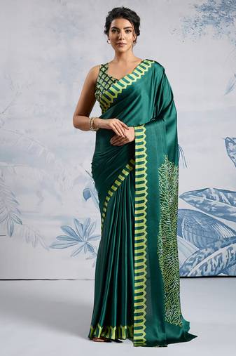 Green modal satin ajrakh print saree