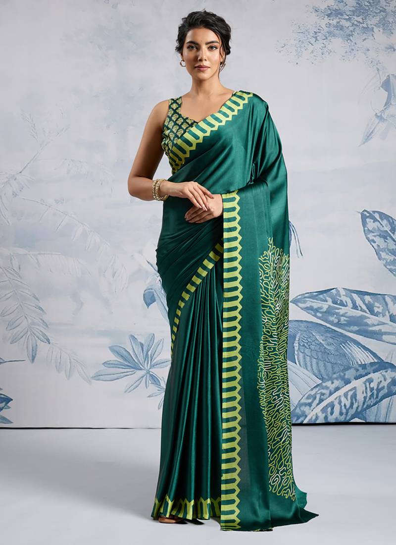 Green modal satin ajrakh print saree