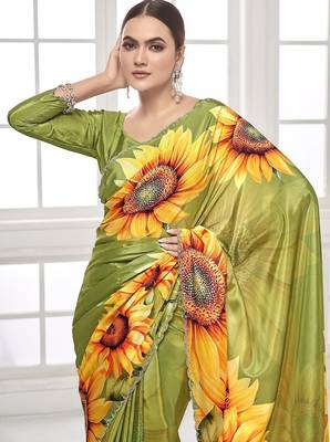 mehndi green  printed saree with blouse or saraowski border 2