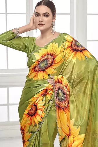 mehndi green  printed saree with blouse or saraowski border
