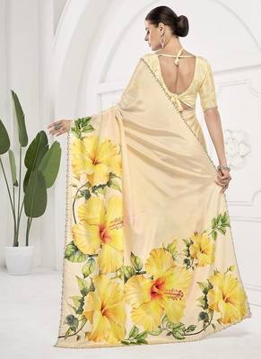 Yellow  printed saree with blouse or saraowski border 4