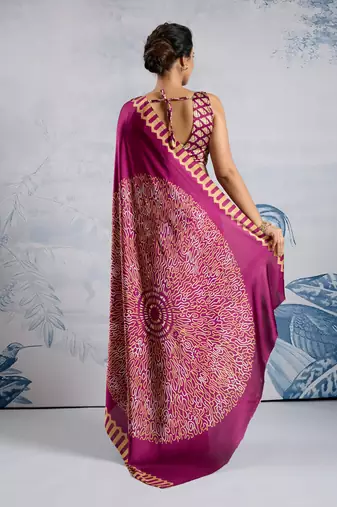 Magenta modal satin ajrakh print saree