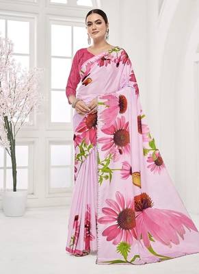 baby pink  printed saree with blouse or saraowski border 1