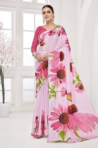 baby pink  printed saree with blouse or saraowski border