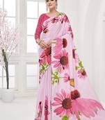 baby pink  printed saree with blouse or saraowski border