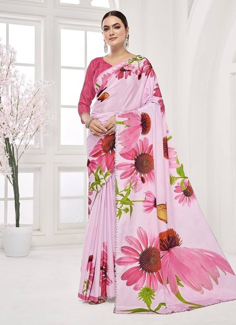 baby pink  premium printed saree with blouse or saraowski border