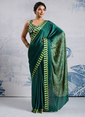 Green modal satin ajrakh print saree 2