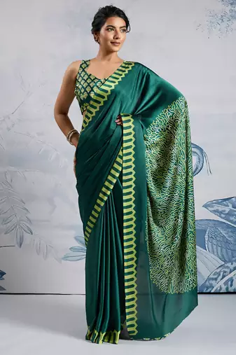 Green modal satin ajrakh print saree
