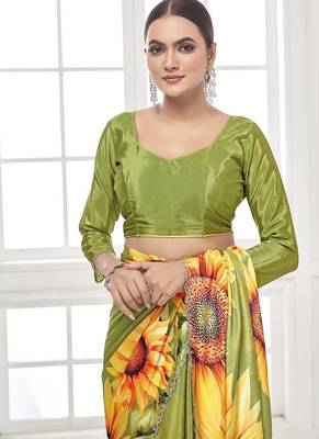 mehndi green  printed saree with blouse or saraowski border 3