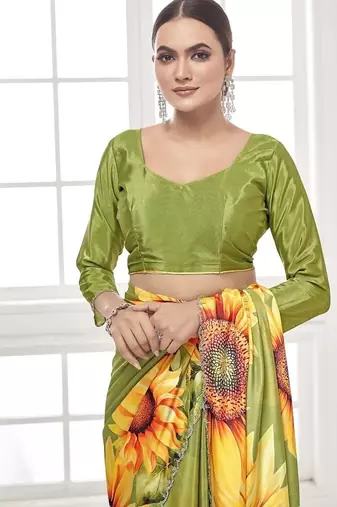 mehndi green  printed saree with blouse or saraowski border