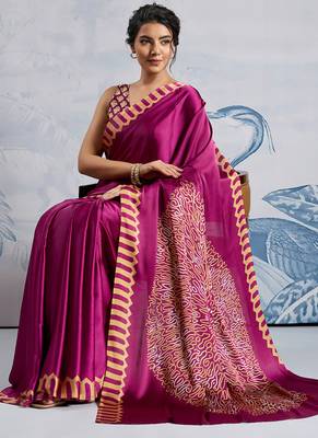 Magenta modal satin ajrakh print saree 4