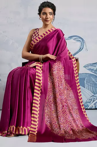 Magenta modal satin ajrakh print saree