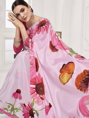 baby pink  printed saree with blouse or saraowski border 2