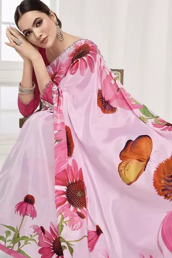 baby pink  printed saree with blouse or saraowski border