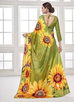 mehndi green  printed saree with blouse or saraowski border 4