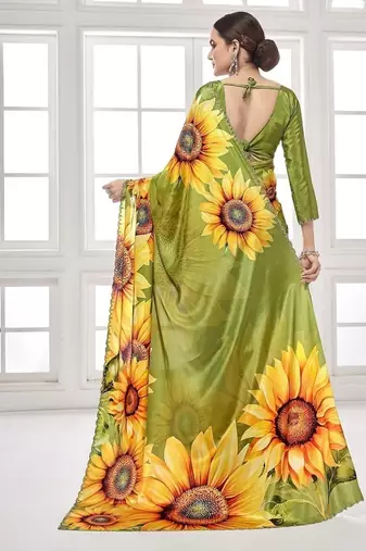 mehndi green  printed saree with blouse or saraowski border