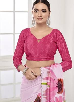 baby pink  printed saree with blouse or saraowski border 3