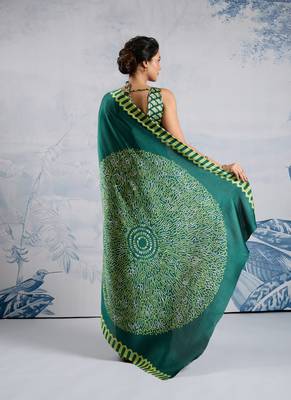 Green modal satin ajrakh print saree 3