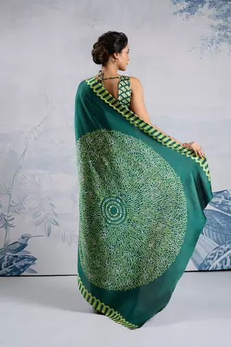 Green modal satin ajrakh print saree